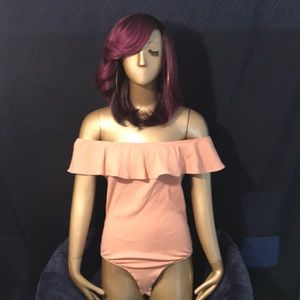 Plush pink off the shoulder ruffle bodysuit